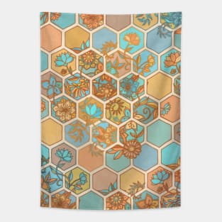 Golden Honeycomb Tangle - hexagon doodle in peach, blue, mint & cream Tapestry