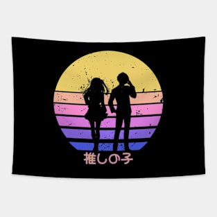 Oshi no ko or My star anime characters Aqua and Ruby hoshino transparent silhouette in kawaii distressed vintage sunset Tapestry