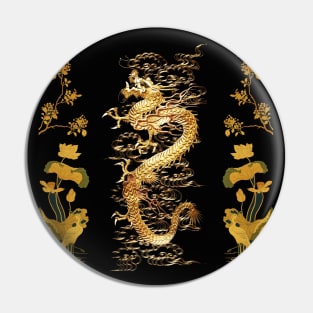 GOLD DRAGON IN BLACK,Egret,Lotus,Green Gold Floral Pin