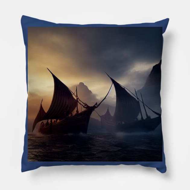 Viking Raiders on Longships Pillow by Grassroots Green