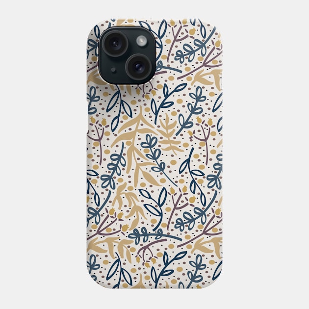 Botanicals and Dots - Hand Drawn Design - Navy Blue, Yellow, Brown, and Cream White Phone Case by GenAumonier