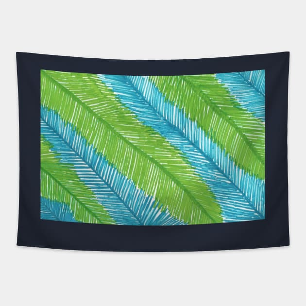 Blue and Green Palm Leaves Pattern Tapestry by DanielleGensler