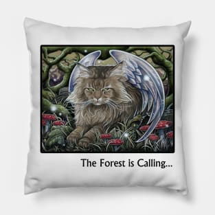 Cat Forest Spirit -The Forest is Calling - Black Outlined Version Pillow