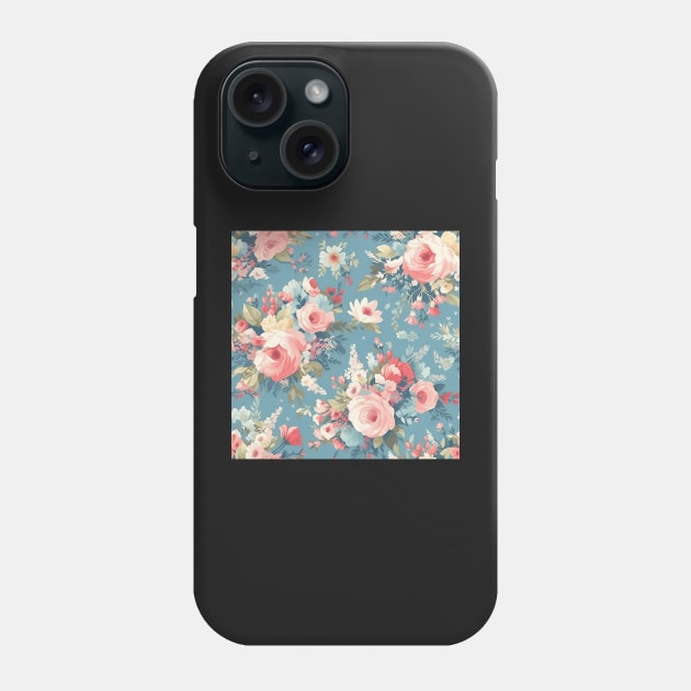 Shabby Chic Floral Flowers, Pretty Feminine Pattern on Blue Background Phone Case by VintageFlorals