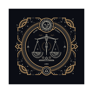 Libra Zodiac Gold White with Black Background T-Shirt