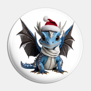 Realistic Artwork of a Cute Blue Baby Dragon Wearing a Red Santa Christmas Hat Pin