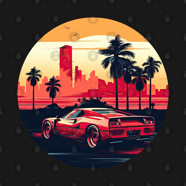 Ferrari inspired car in front of a vintage retro sunset palm trees by TeePulseMania