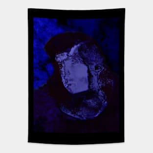 Portrait, digital collage and special processing. Man, knight on street, face. Near some building. Dark blue. Night. Tapestry