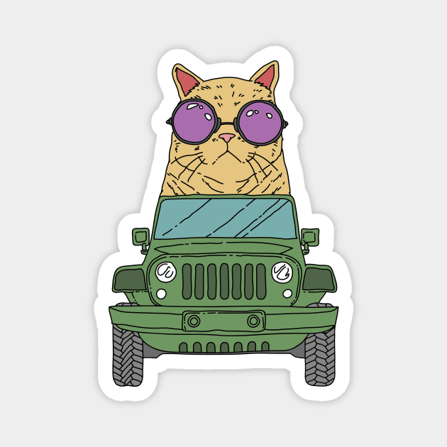 Cat Wearing Sunglasses Riding Jeep Magnet by Freid