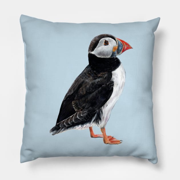 Puffin on a blue background Pillow by thryngreen