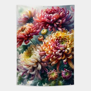 Vibrant Mums Chrysanthemums Decor - Watercolor Flower Tapestry