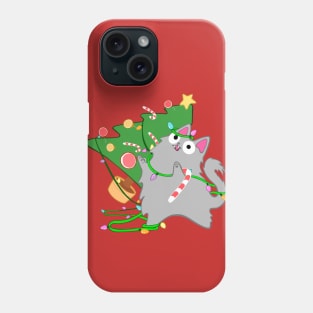 Fluffy Grey Christmas Cat With Zoomies funny meowy christmas kitty Phone Case