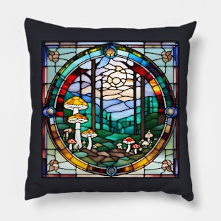 Diverse Mushroom Forest Stained Glass Pillow