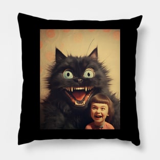 Vintage Little Girl and Creepy Cat - Enchanting Retro Art Pillow