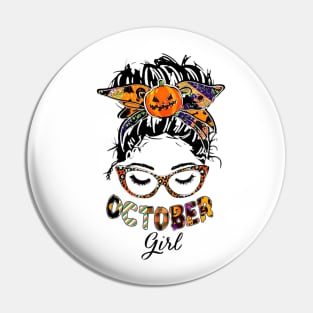 October Girl Halloween Face Wink Eyes Pumpkin Pin