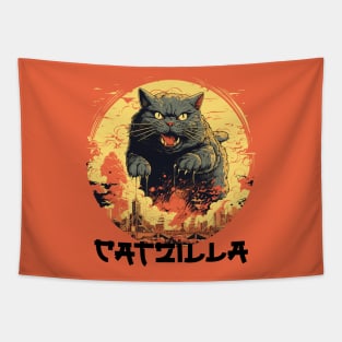 Catzilla Vintage Funny Cute Cat Art Japanese Sunset Tapestry