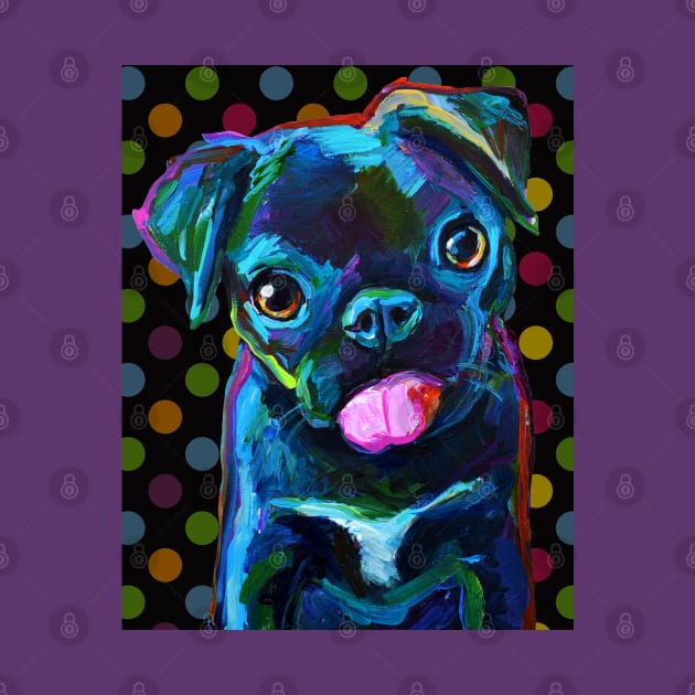 Derpy Black Pug Puppy with Polka Dots by RobertPhelpsArt