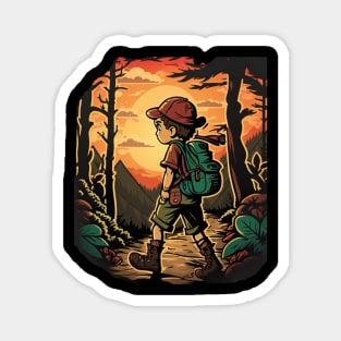 Boy trekking in the woods with a beautiful sunset effect Magnet