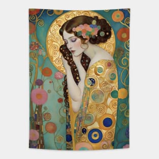 Gustav Klimt's Radiant Muse: Inspired Woman in Golden Splendor Tapestry