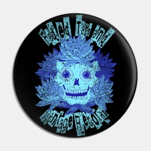 Faded Tats and Vintage Records. Worn/distressed neon blue, retro skull design. Pin