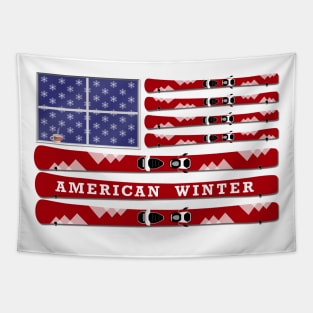 American Winter - skis and snowflakes USA flag - white background Tapestry