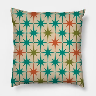 1950s Atomic Age Starburst Pattern in Teal, Orange, and Olive on Mid Mod Beige Pillow