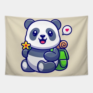 Cute Panda Holding Flower With Backpack Cartoon Tapestry