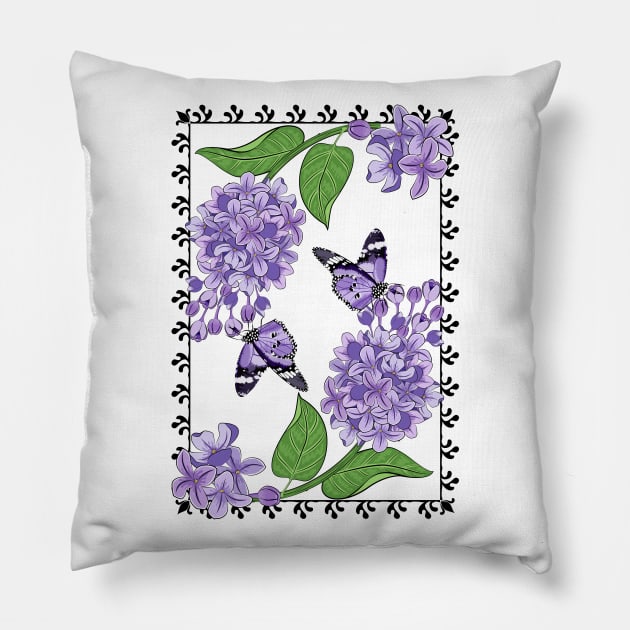 Lilacs Flowers And Butterflies Pillow by Designoholic
