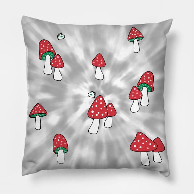 Aesthetic Red Hatted Mushrooms and Butterflies on a Black and White Tie Dye Background Pillow by YourGoods