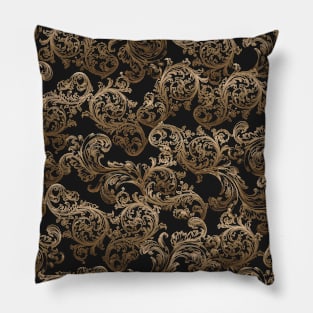 Beautiful Vintage Ornamental Floral Pattern - Shades of Gold on Black Pillow