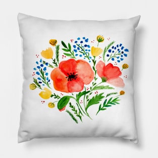 Watercolor poppies bouquet - red and green Pillow