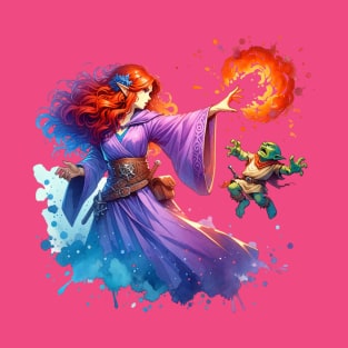 Sorceress blasts goblin with fireball T-Shirt