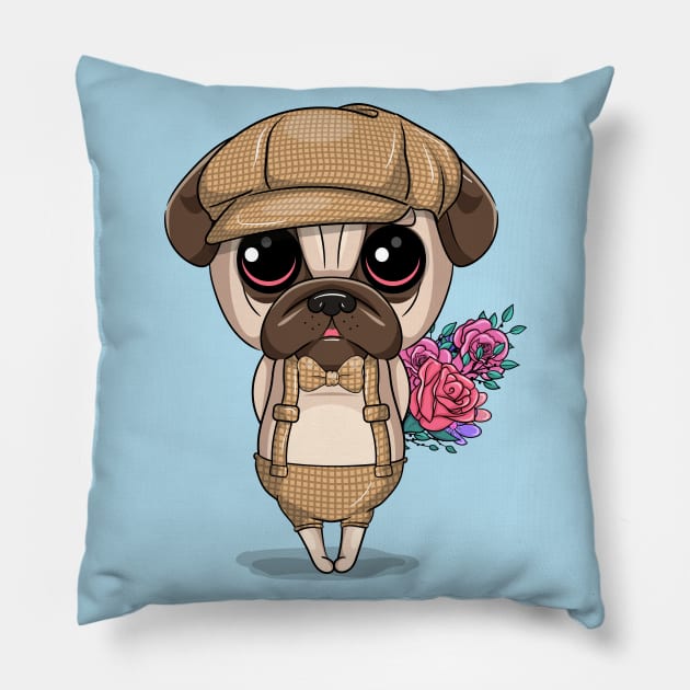 Cute pug dog with flowers Pillow by sharukhdesign