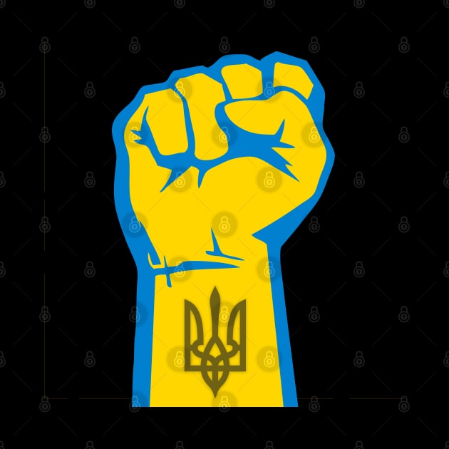 Peace for Ukraine! I Stand With Ukraine. Powerful Freedom, Fist in Ukraine's National Colors of Blue and Gold (Yellow) and Ukraine's Coat of Arms on the Wrist on a Dark Background by Puff Sumo