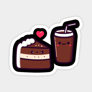 Kawaii Chocolate Cake and Cola Drink Couple with a Heart | Cute Kawaii Food Art Magnet