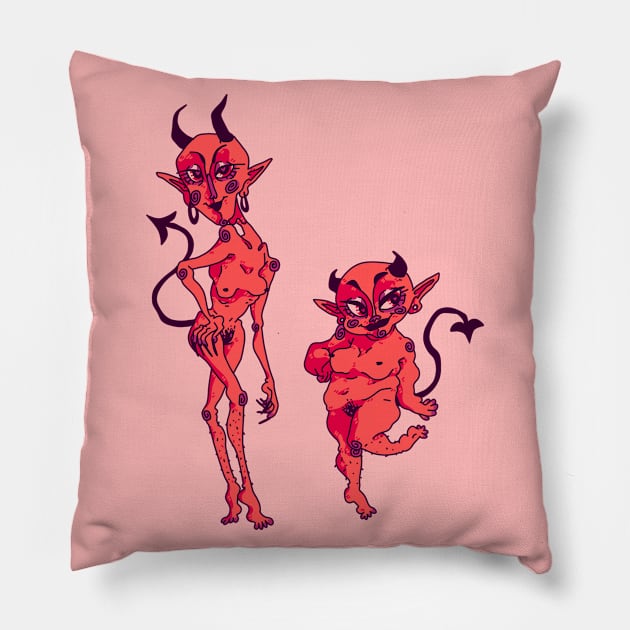 Cute Devil Girls Pillow by Markie Moo Art