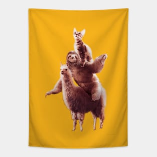 Cat Riding Sloth Riding Llama Tapestry