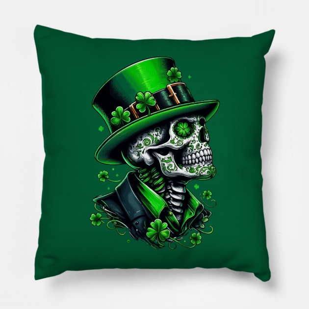 Sugar Skull St Patrick Day of the Dead Lucky Shamrock Pillow by TomFrontierArt