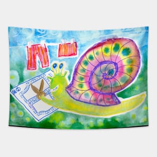 Snail tailor/seamstress sewing new cloths children illustration Tapestry