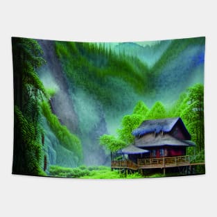 Digital Painting of a Beautiful Blue cottage Tree house near River and Greenery Mountains Tapestry