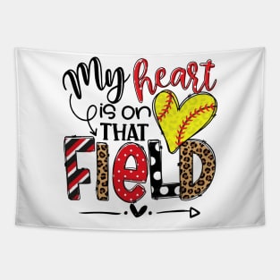 My Heart Is On That Field Softball, Leopard Softball Mom Tapestry