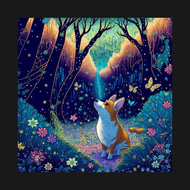 Corgi in a Magical Forest Surrounded by Butterflies by NeonOverdrive