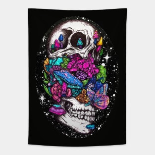 After Life - Mushroom and Botanicals Skull Tapestry