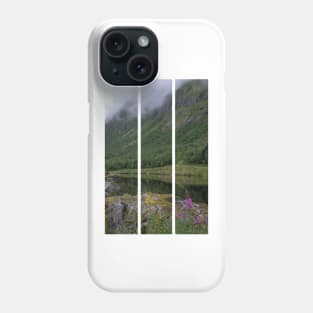 Wonderful landscapes in Norway. Senja, Nordland. Beautiful scenery of a valley with lupine flowers on the rocks. Mirror in the lake. Cloudy summer day. Fog and mountains in background (vertical) Phone Case