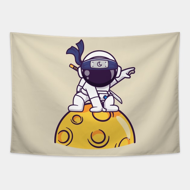 Cute Astronaut Ninja Landing On Moon Cartoon Tapestry by Catalyst Labs