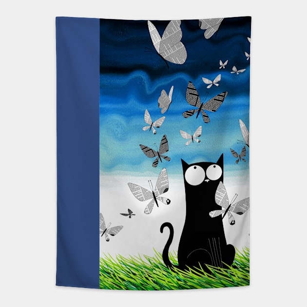 Black Cat and Butterflies Tapestry by Scratch