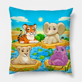 Baby cute Jungle animals in a natural landscape Pillow