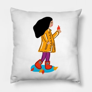 Lovely Autumn Girl With Rain Coat, Boots And Fall Leaves (Medium Skin Tone) Pillow