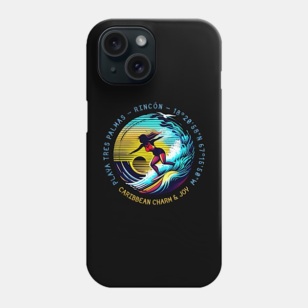 Caribbean Surfing Destinations - Playa Tres Palmas, Rincón, Puerto Rico. Woman Surfer Phone Case by funfun