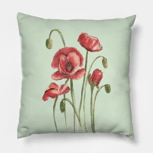 Red Poppy Flowers Watercolor Painting Pillow